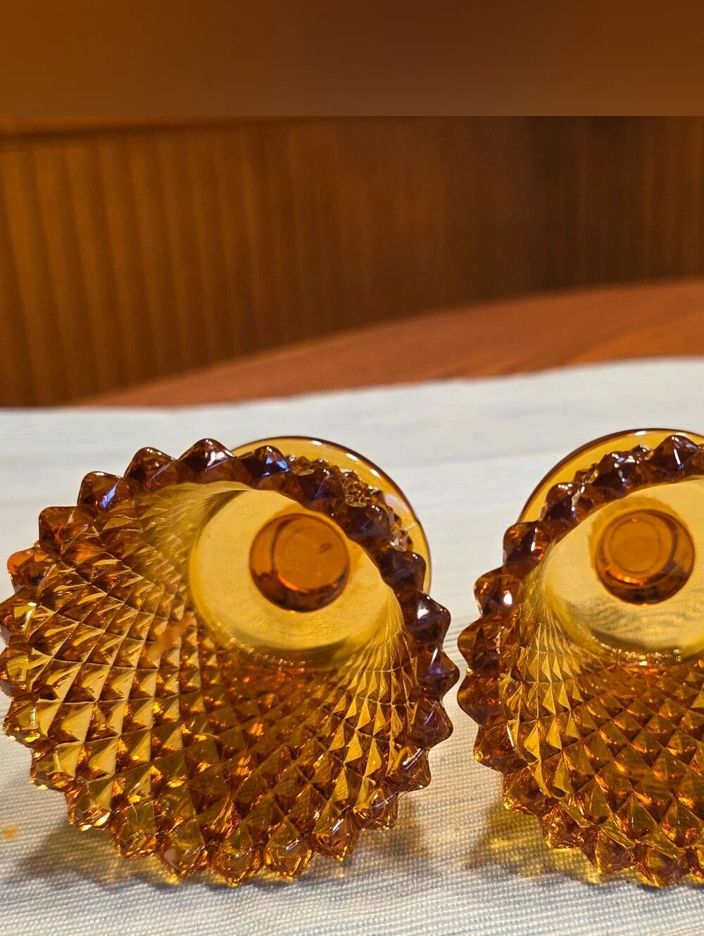 VTG MCM Amber Glass Diamond Point Peg Candle Cups Set Of 2